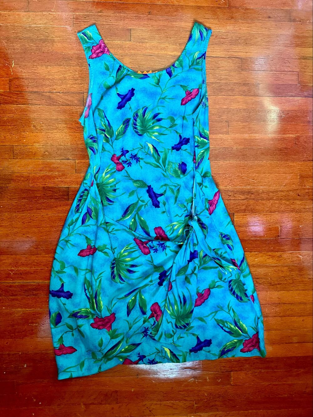 Vintage Cerulean Blue Pink Tropical Floral Wrap Tank Dress Beach Vacation Large